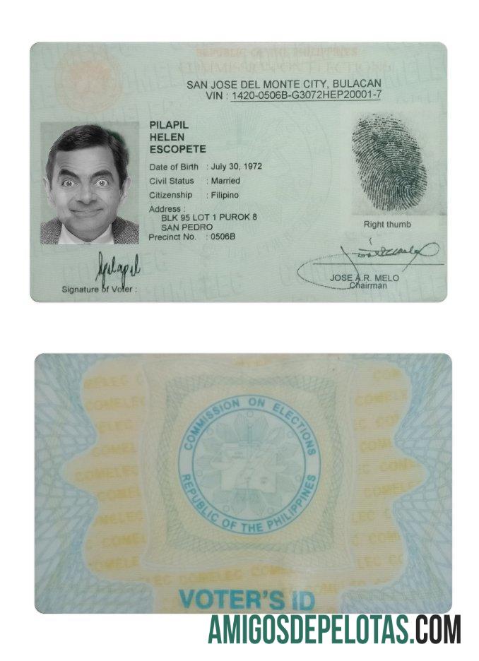 Cartão de identificação de eleitor das Filipinas San Jose Del Monte exemplo real